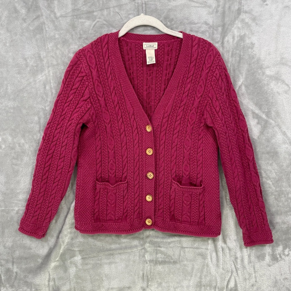 Vintage LL Bean Cardigan Sweater Women's Size M Hot Pink Chunky Fisherman Cotton